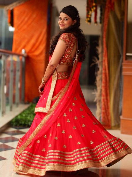 Red Lehenga with Hand Embroidered Choli
